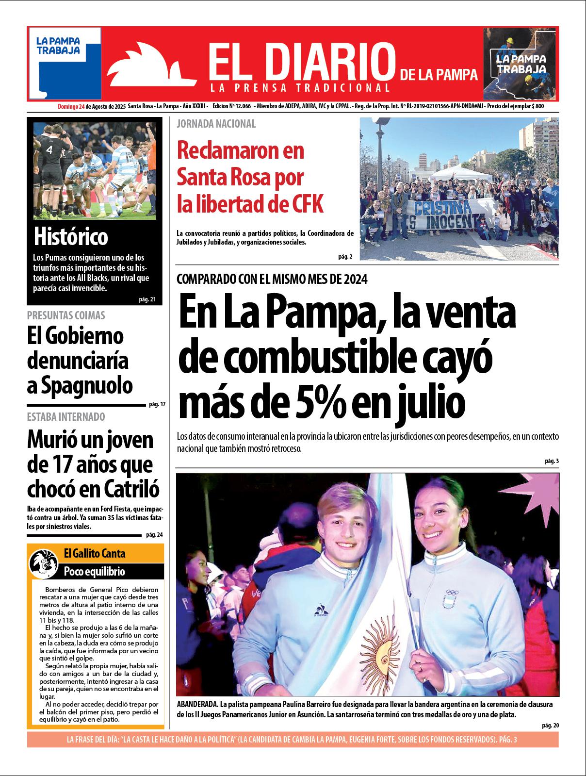 Tapa de El Diario en papel  domingo 24 de agosto de 2025